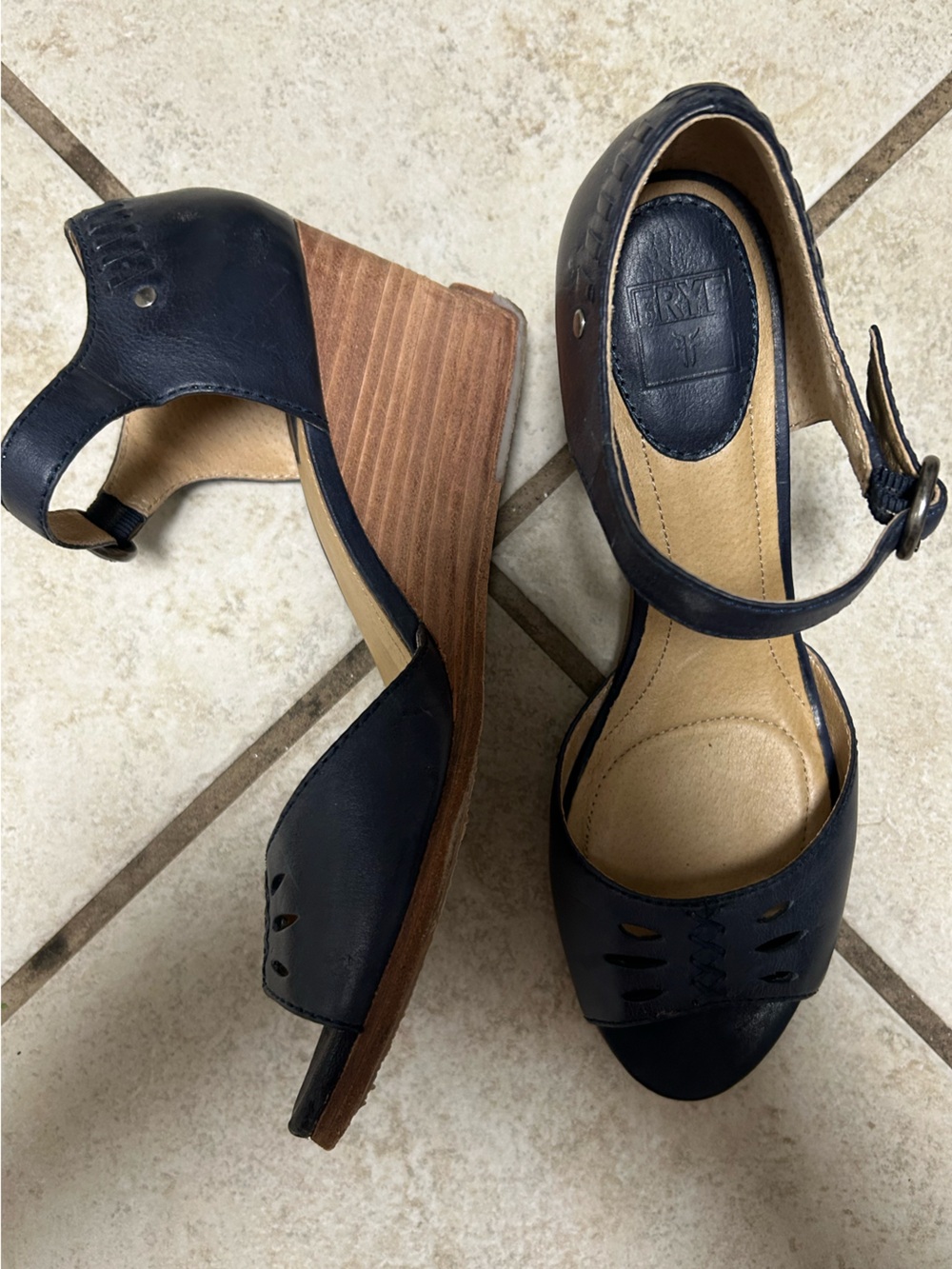 Frye Navy Leather Peep-Toe Ankle Strap Heels - Picture 3 of 5
